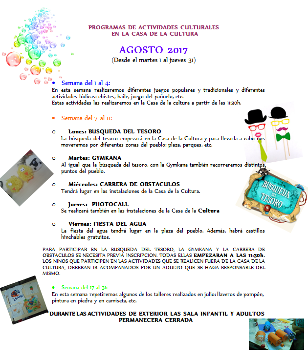 Imagen PROGRAMA DE ACTIVIDADES EN LA CASA DE LA CULTURA (MES DE AGOSTO)
